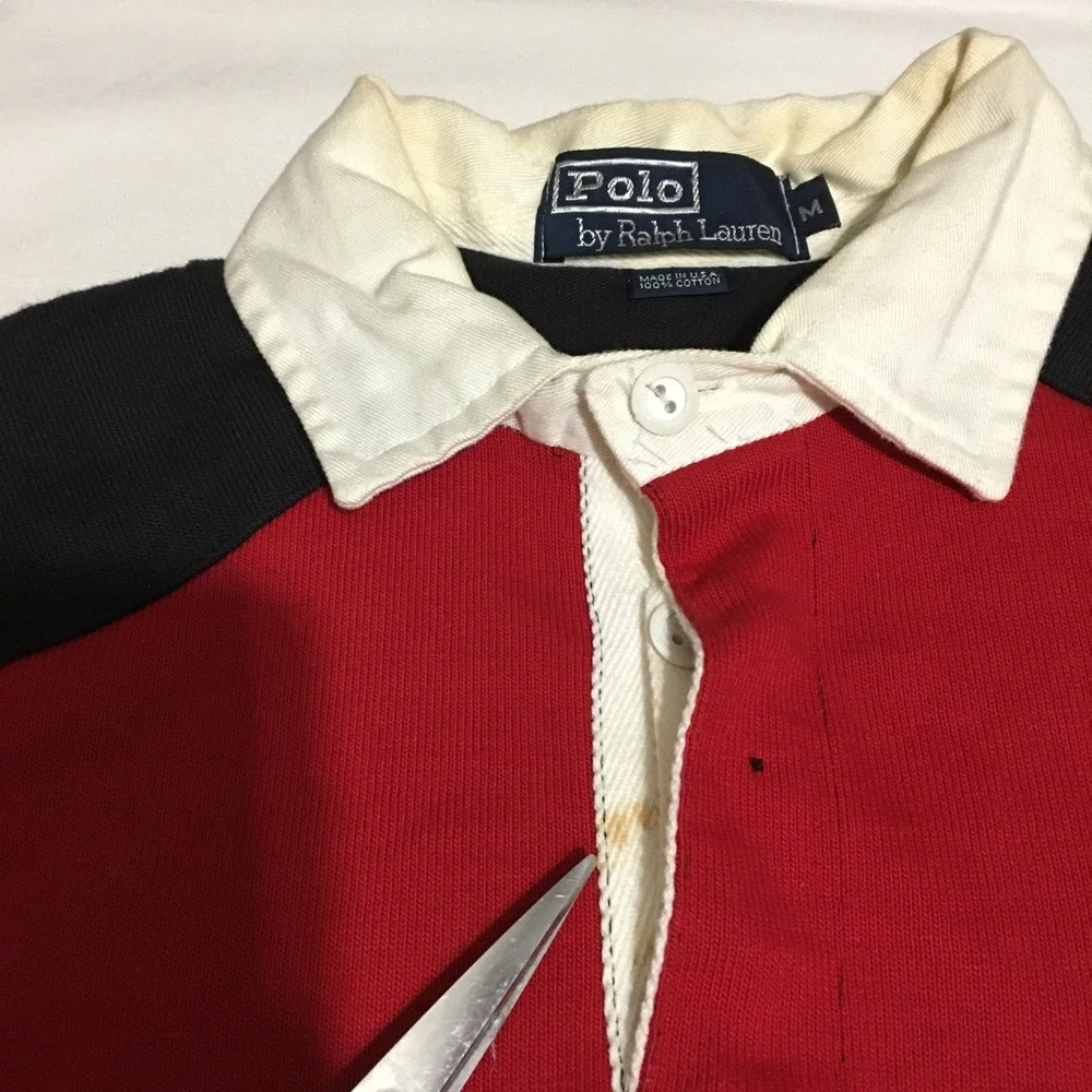Polo Ralph Lauren Rugby Shirt Mens Medium Red Black Striped Elbow Patch